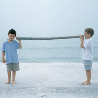 Illustration: Two boys communicate via a tube